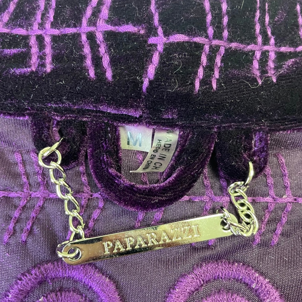 Paparazzi Purple Velvet Embroidered Open Front Cardigan Jacket M Boho - Picture 9 of 16